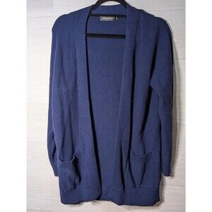 MEROKEETY Navy Blue Waffle Knit Cardigan Sweater L Open Front Pocket Chunky COZY